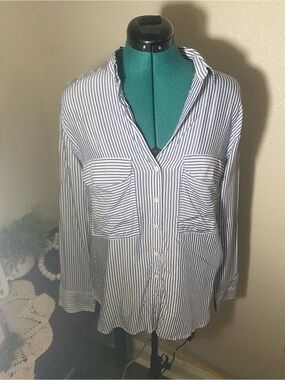Zara Woman Blue White Striped high-low Button Front Collared Blouse M